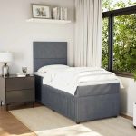 Pat box spring cu saltea, gri închis, 90×190 cm, catifea