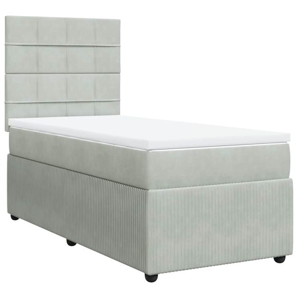 Pat box spring cu saltea, gri deschis, 90×190 cm, catifea