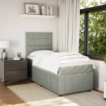 Pat box spring cu saltea, gri deschis, 90×190 cm, catifea