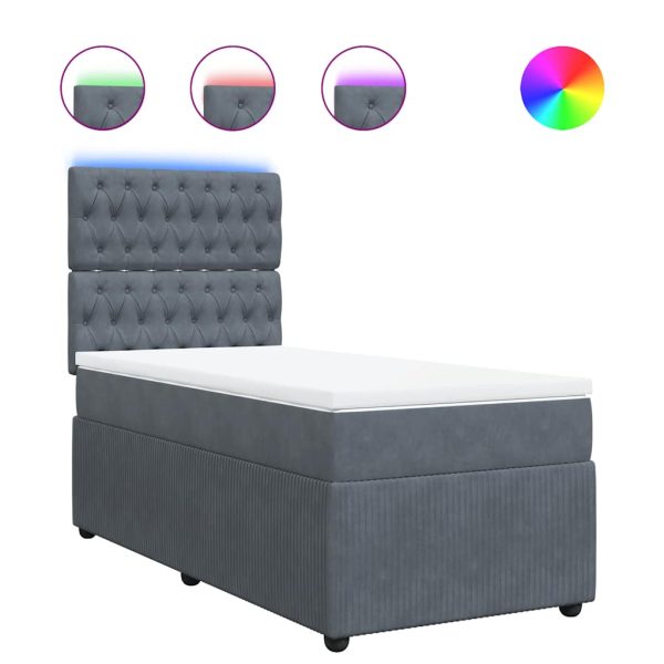 Pat box spring cu saltea, gri închis, 90×190 cm, catifea