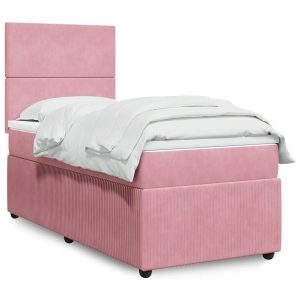 Pat box spring cu saltea, roz, 90×200 cm, catifea