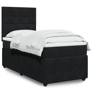 Pat box spring cu saltea, negru, 90×200 cm, catifea