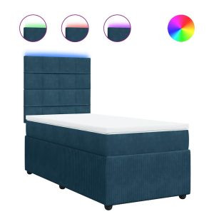 Pat box spring cu saltea, albastru, 90×200 cm, catifea
