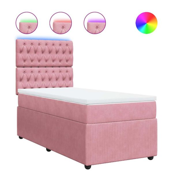 Pat box spring cu saltea, roz, 90×200 cm, catifea