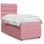 Pat box spring cu saltea, roz, 90×200 cm, catifea