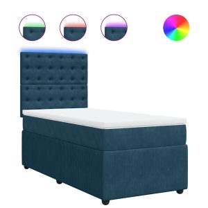 Pat box spring cu saltea, albastru, 90×200 cm, catifea