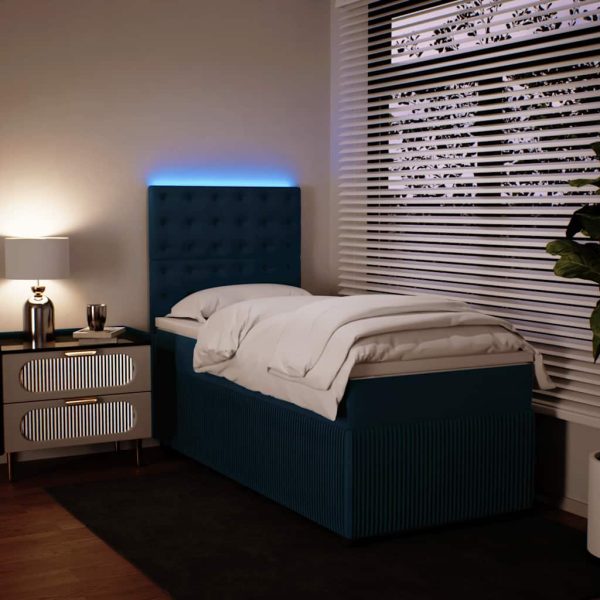 Pat box spring cu saltea, albastru, 90×200 cm, catifea