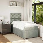 Pat box spring cu saltea, gri deschis, 100×200 cm, catifea