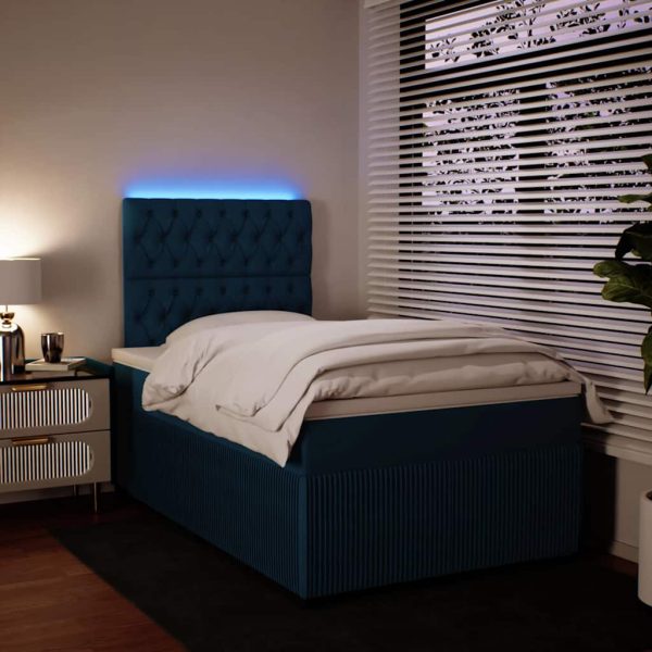 Pat box spring cu saltea, albastru, 120×190 cm, catifea