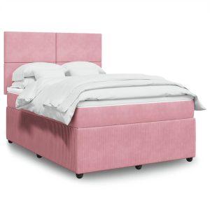 Pat box spring cu saltea, roz, 140×190 cm, catifea