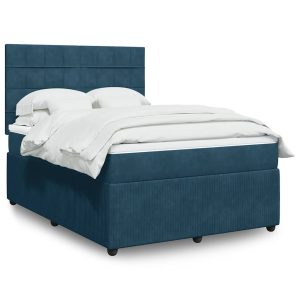Pat box spring cu saltea, albastru, 140×190 cm, catifea
