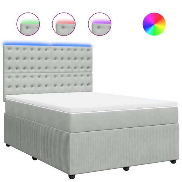 Pat box spring cu saltea, gri deschis, 140×190 cm, catifea