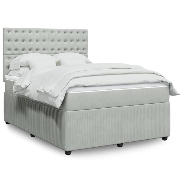 Pat box spring cu saltea, gri deschis, 140×190 cm, catifea