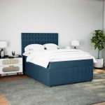 Pat box spring cu saltea, albastru, 140×190 cm, catifea