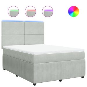 Pat box spring cu saltea, gri deschis, 140×200 cm, catifea
