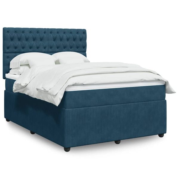 Pat box spring cu saltea, albastru, 160×200 cm, catifea