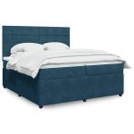 Pat box spring cu saltea, albastru, 200×200 cm, catifea