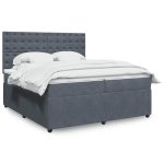Pat box spring cu saltea, gri închis, 200×200 cm, catifea