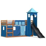Pat supraetajat cu tobogan și perdele, albastru, 80×200 cm