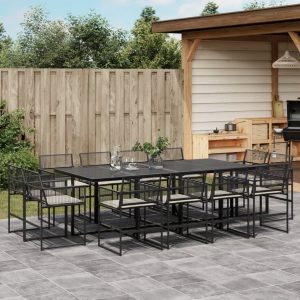 Set mobilier de grădină cu perne, 13 piese, negru, poliratan