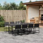 Set mobilier de grădină cu perne, 9 piese, negru, poliratan