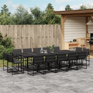 Set mobilier de grădină, 15 piese, cu perne, negru, textilenă