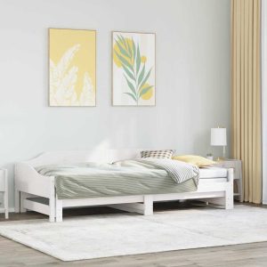 Pat de zi cu extensie, alb, 80×200 cm, lemn masiv de pin