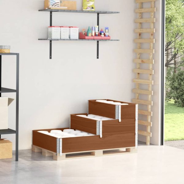 Strat înălțat cu 3 niveluri, maro, 120×80 cm, lemn masiv pin