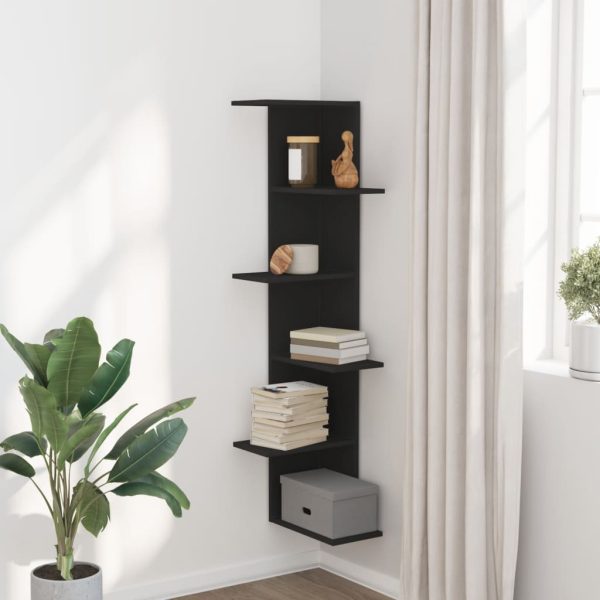 Raft colțar perete negru 36,5×36,5×140 cm lemn prelucrat
