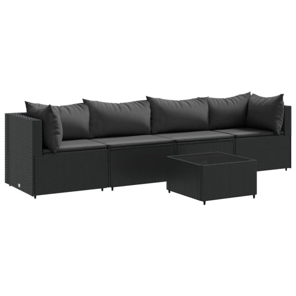 Set șezlonguri de grădină, 5 piese, cu perne, negru, poliratan