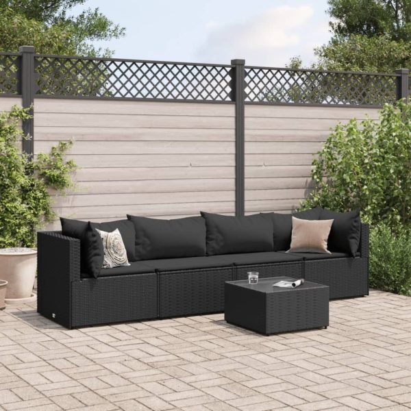 Set șezlonguri de grădină, 5 piese, cu perne, negru, poliratan