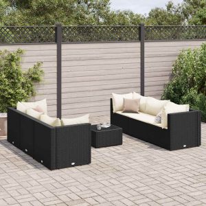 Set mobilier de grădină cu perne, 7 piese, negru, poliratan