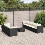 Set mobilier de grădină cu perne, 8 piese, negru, poliratan