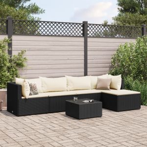 Set mobilier de grădină cu perne, 6 piese, negru, poliratan