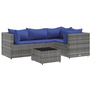 Set mobilier de grădină cu perne, 5 piese, gri, poliratan