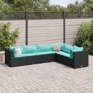 Set mobilier de grădină cu perne, 6 piese, negru, poliratan