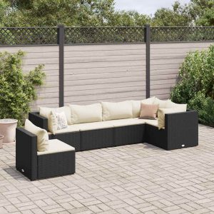 Set mobilier de grădină cu perne, 6 piese, negru, poliratan