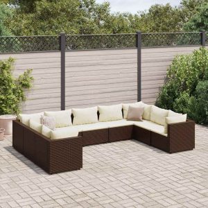 Set mobilier de grădină cu perne, 9 piese, maro, poliratan