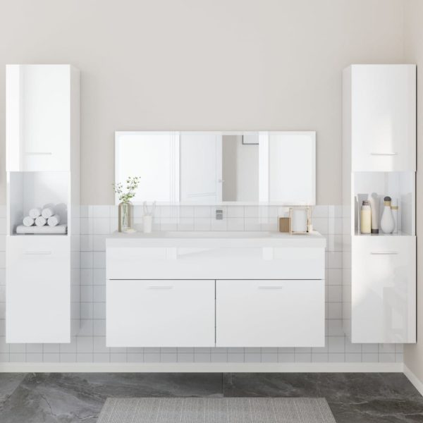 Set mobilier de baie, 4 piese, alb extralucios, lemn prelucrat