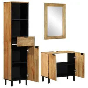 Set de mobilier de baie 3 piese maro din lemn masiv de mango