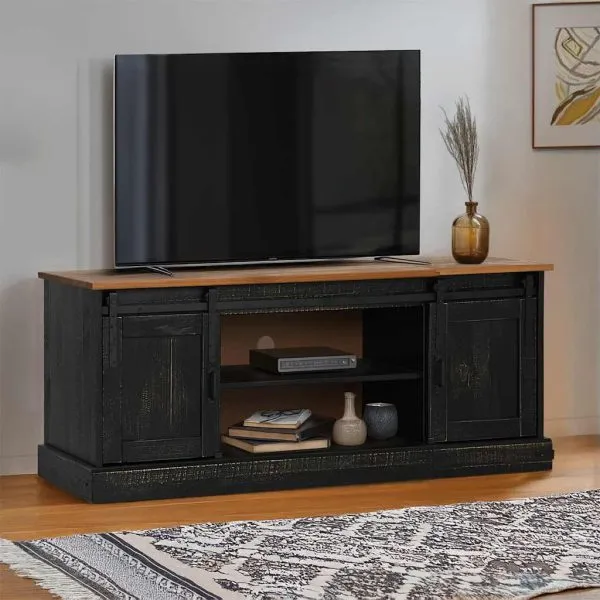 Dulap TV HALDEN 2 usi glisante negru 150x40x60 cm lemn masiv