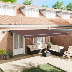 Copertină retractabilă manual cu LED-uri, maro, 500×300 cm