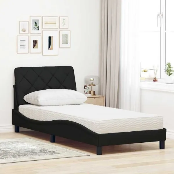 Pat cu saltea, negru, 90×190 cm, textil