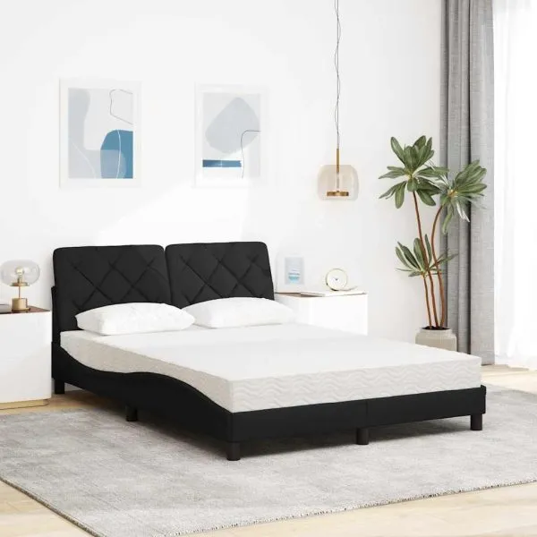 Pat cu saltea, negru, 140×200 cm, textil