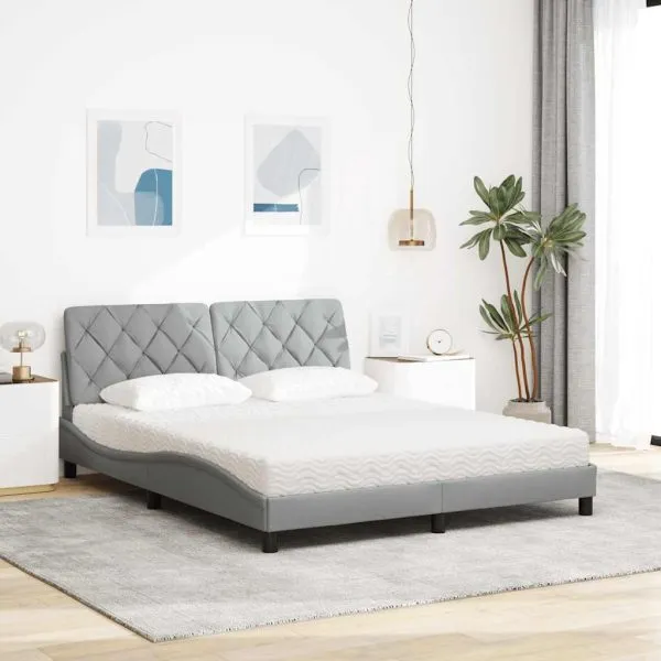 Pat cu saltea, gri deschis, 160×200 cm, textil