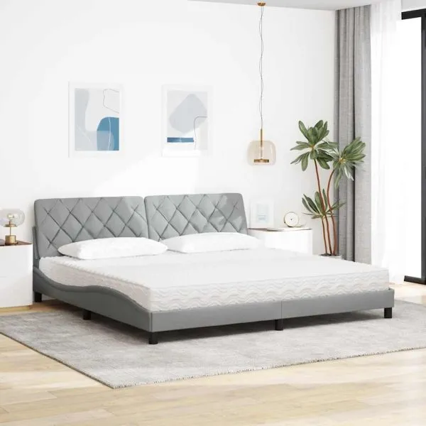 Pat cu saltea, gri deschis, 200×200 cm, textil