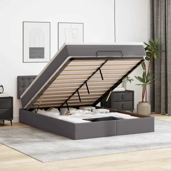 Cadru de pat otoman cu saltea gri 140x200cm piele artificială