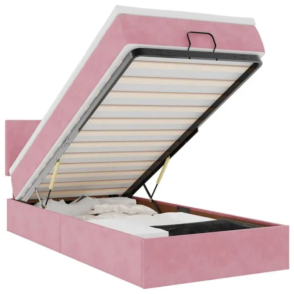 Cadru de pat otoman cu saltea, catifea roz 80x200cm