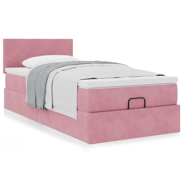 Cadru de pat otoman cu saltea, catifea roz 80x200cm