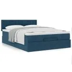 Cadru de pat otoman cu saltea Albastru închis 140x190cm catifea